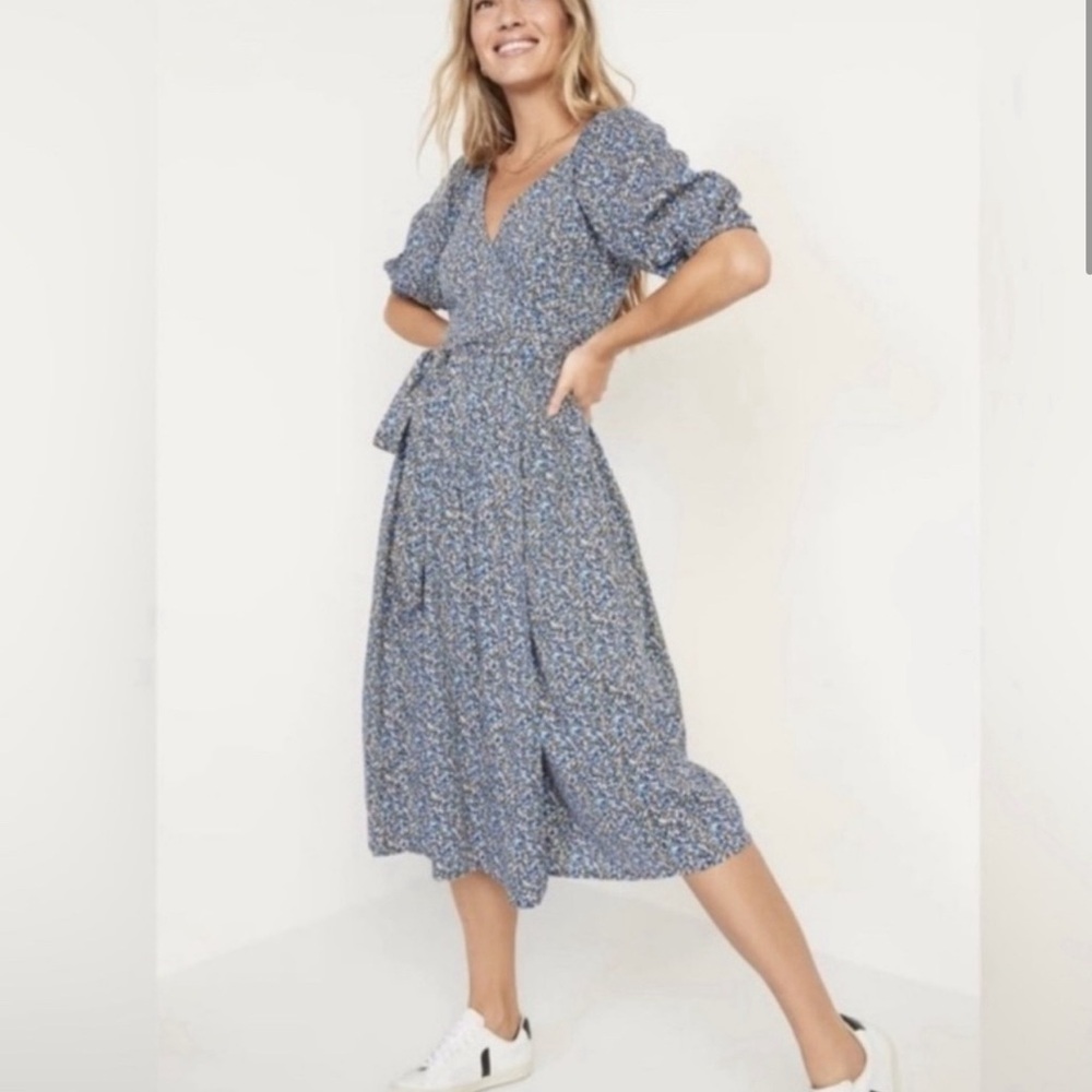 Old Navy Blue Dainty Floral Tiered Wrap Smocked Back Midi Dress